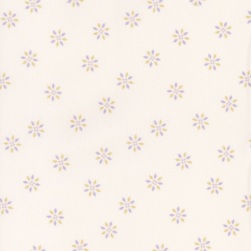 Pattern of small, green and purple flowers arranged on a pale cream background.