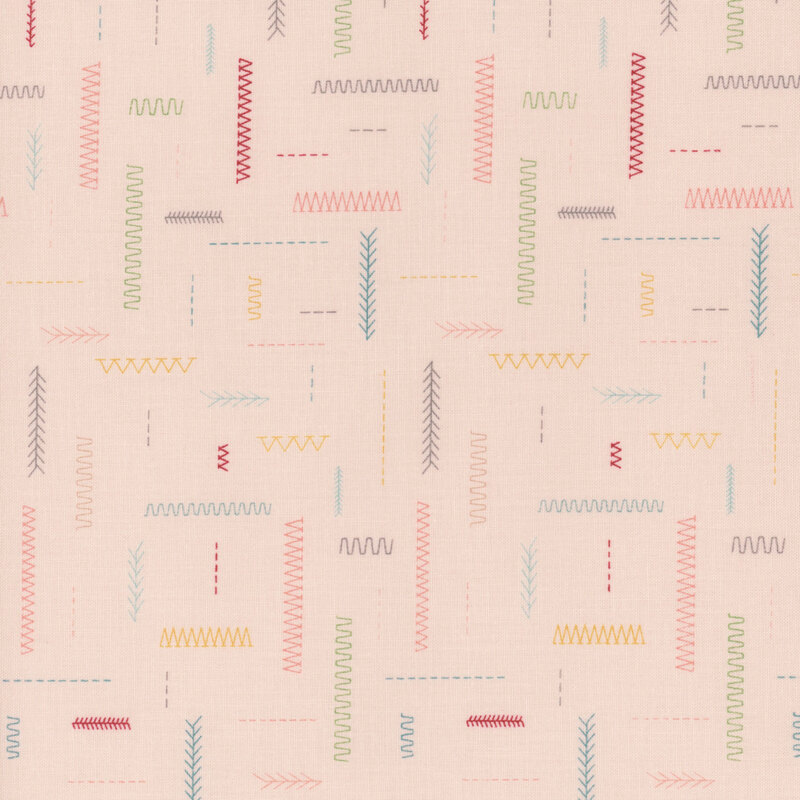 Abstract pattern featuring colorful stitched lines on a light pink background.