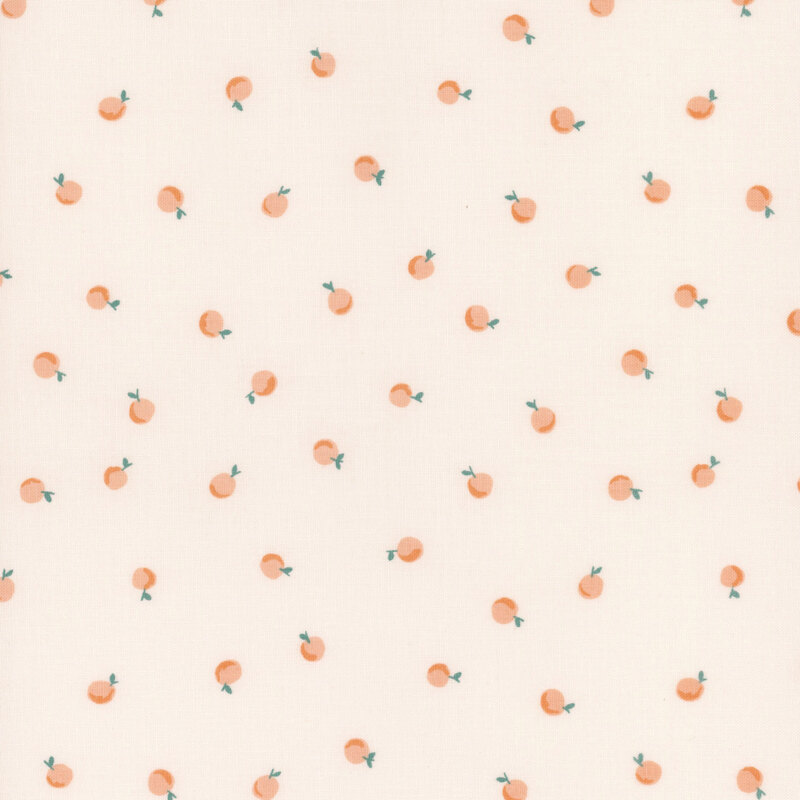 Pattern of small, pale orange fruit with green leaves on a cream background.