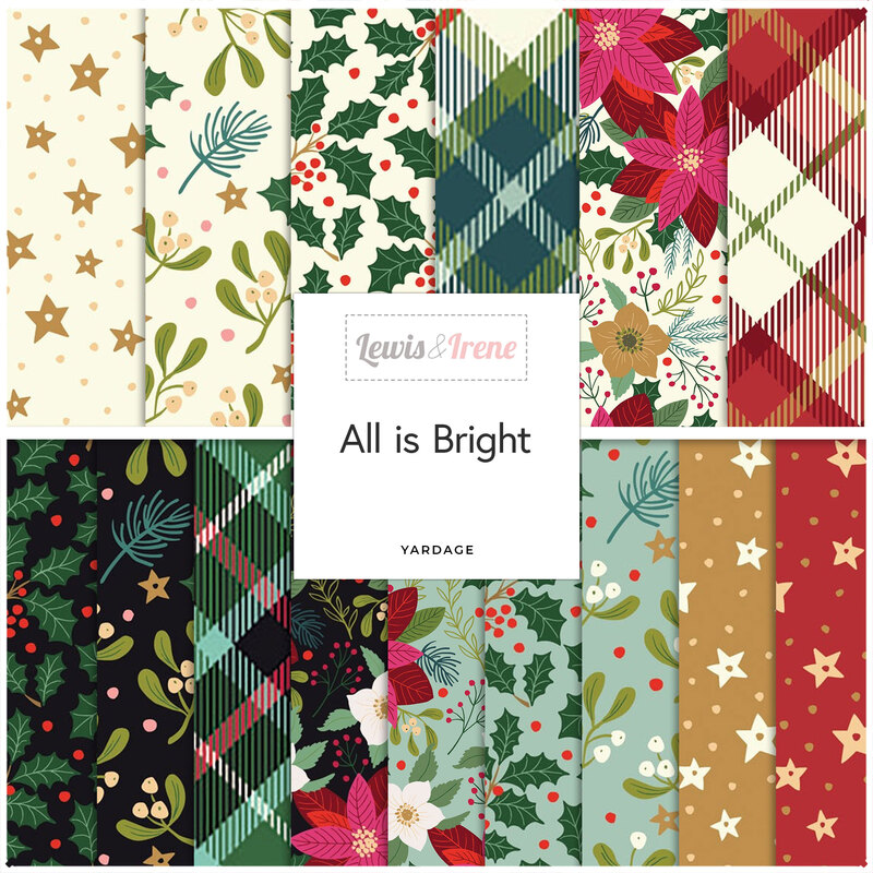 A collage of 15 colorful Christmas fabrics and a white All is Bright tag in the center