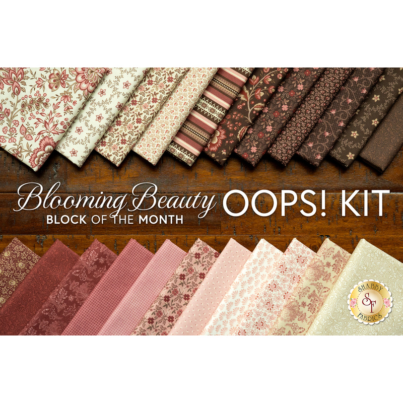 The 22 fabrics included in the Blooming Beauty BOM - Oops Kit, arranged in an appealing layout from brown to cream to pink to red.