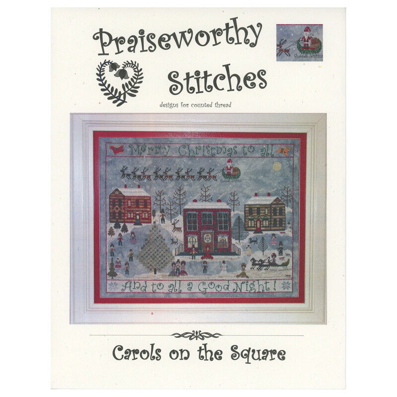 Front of the Carols on the Square cross stitch pattern showing the finished project hung in a white frame.