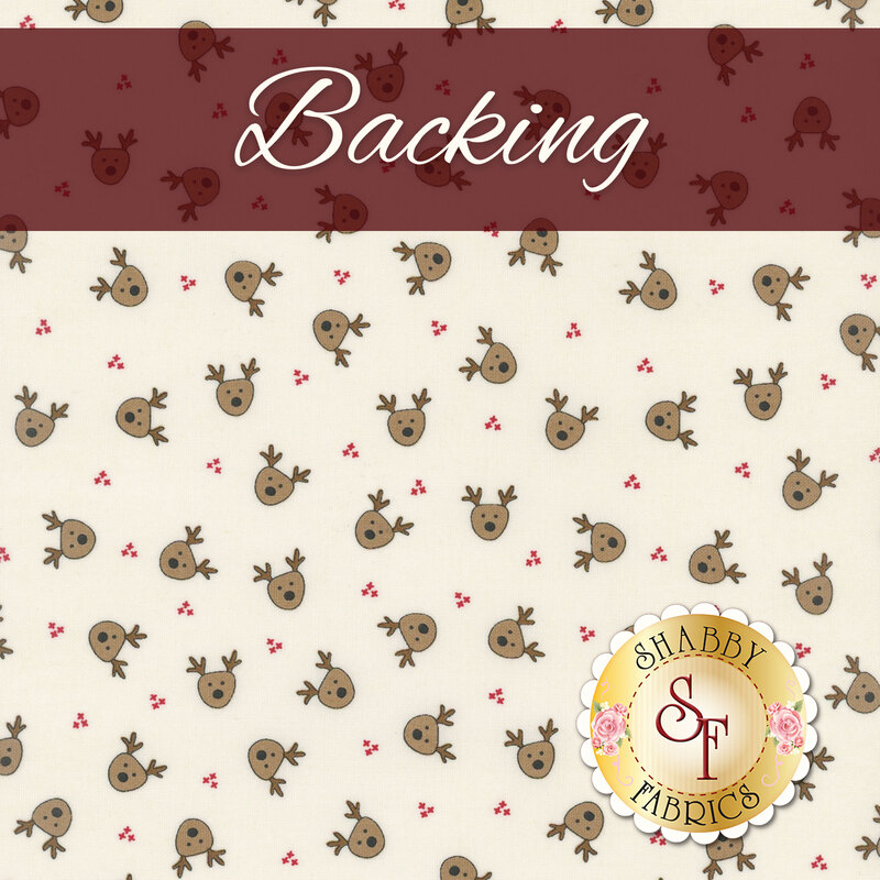 Cream swatch of fabric with tossed reindeer heads and red dot clusters; a burgundy banner at the top reads 