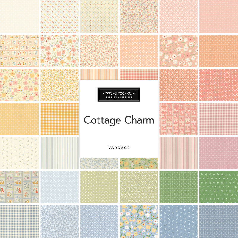 Collage of colorful pastel fabrics available in the Cottage Charm collection