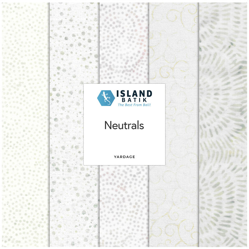 Five neutral fabric patterns, featuring a central label for Island Batik.