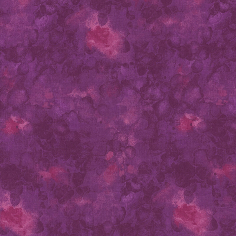 Abstract fabric pattern in shades of purple with hints of pink and red.