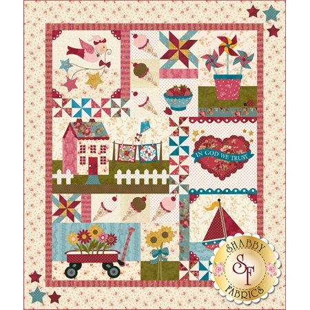 9 block applique quilt with summer motifs pinwheels a wagon full of daisies ice cream cone