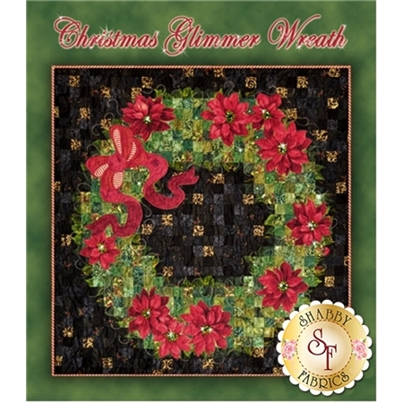 An ornate green patchwork wreath embellished with red poinsettias on a black background.