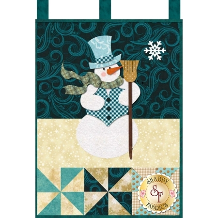 Pink-cheeked snowman wearing a teal top hat and blue gingham vest, with green scarf and broom.
