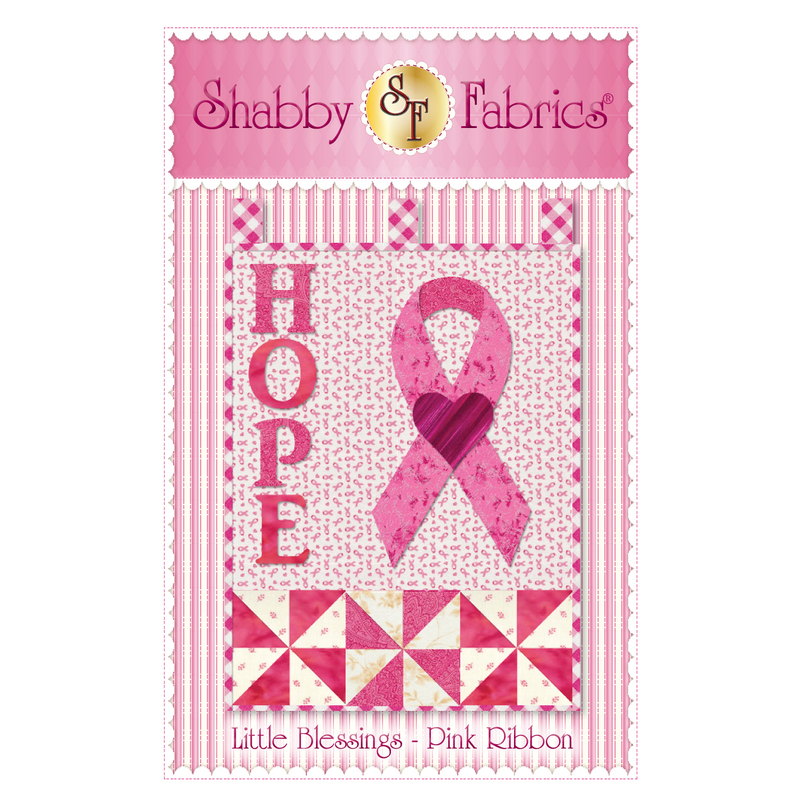 The front of the Little Blessings - Pink Ribbon pattern by Shabby Fabrics showing the finished wall hanging.