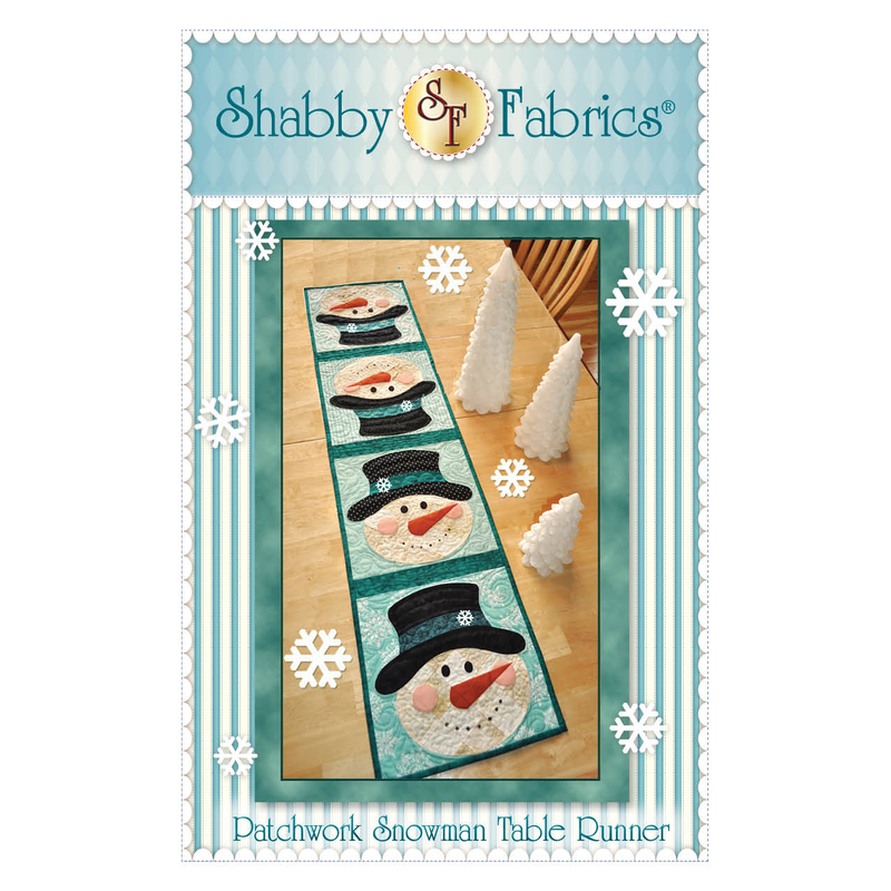 The front of the Patchwork Snowman Table Runner Pattern by Shabby Fabrics