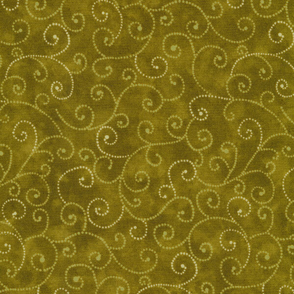 A swatch of olive green mottled fabric with dotted swirls branching off of each other.