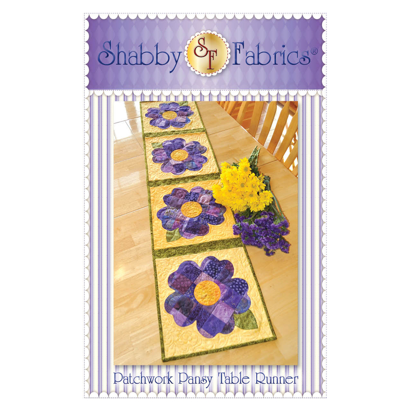 The front of the Patchwork Pansy Table Runner pattern by Shabby Fabrics