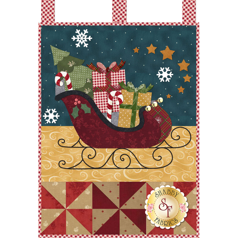 Red sleigh filled with gifts, Christmas tree, and candy canes.