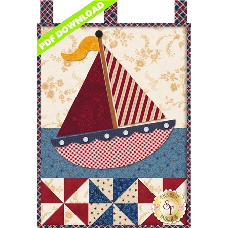 Red and cream striped sails with red gingham boat and navy scalloped border.