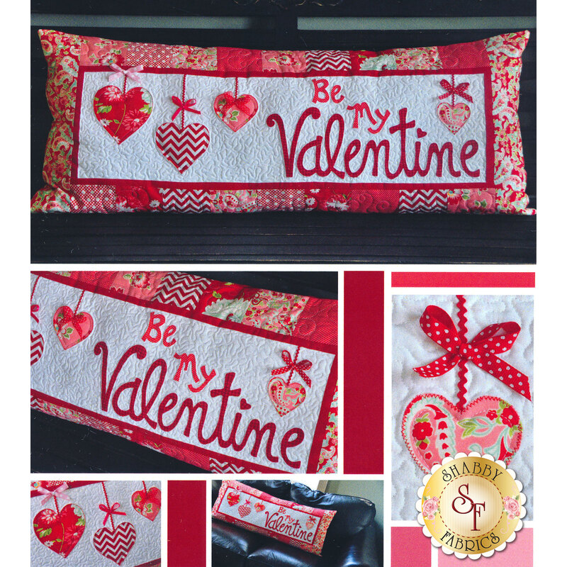 The front cover of the Be My Valentine Kimberbell Bench Pillow Pattern showing the finished pillow.