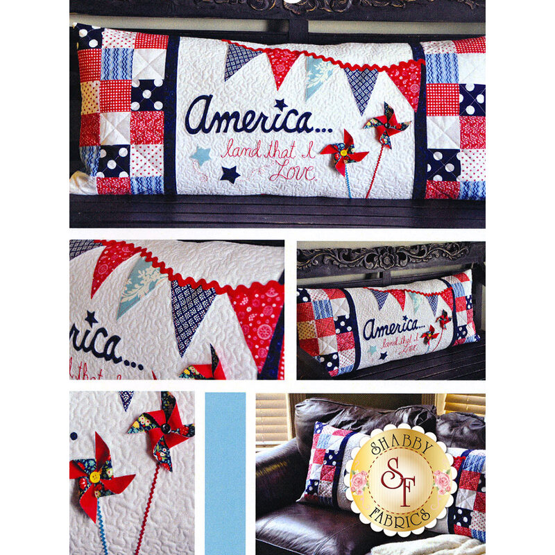 The front cover of the America Land That I Love Kimberbell Bench Pillow Pattern showing the finished project.