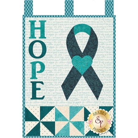 Teal-colored ribbon with a central heart, the word HOPE from top to bottom on the left-hand side.
