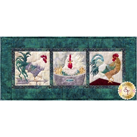 An image of the finished block And on That Farm - Ei-Ei-Oh! Pattern featuring 3 roosters.