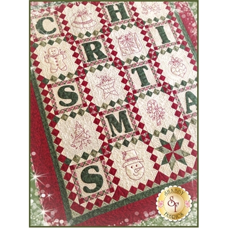 Embroidered redwork Christmas blocks. Interspersed are large green block letters reading CHRISTMAS.