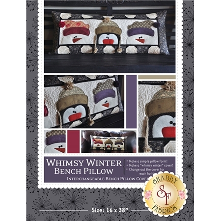 The front of the Whimsy Winter Kimberbell Bench Pillow Pattern showing the finished pillow as well as a few close up detail shots.