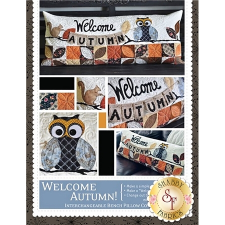 The front cover of the Welcome Autumn Kimberbell Bench Pillow Pattern showing the finished pillow as well as a few close up detail shots.