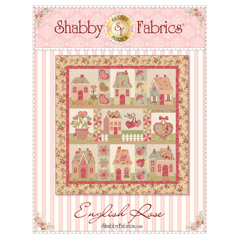 The front of the English Rose quilt pattern by Shabby Fabrics showing the finished quilt with 9 blocks.
