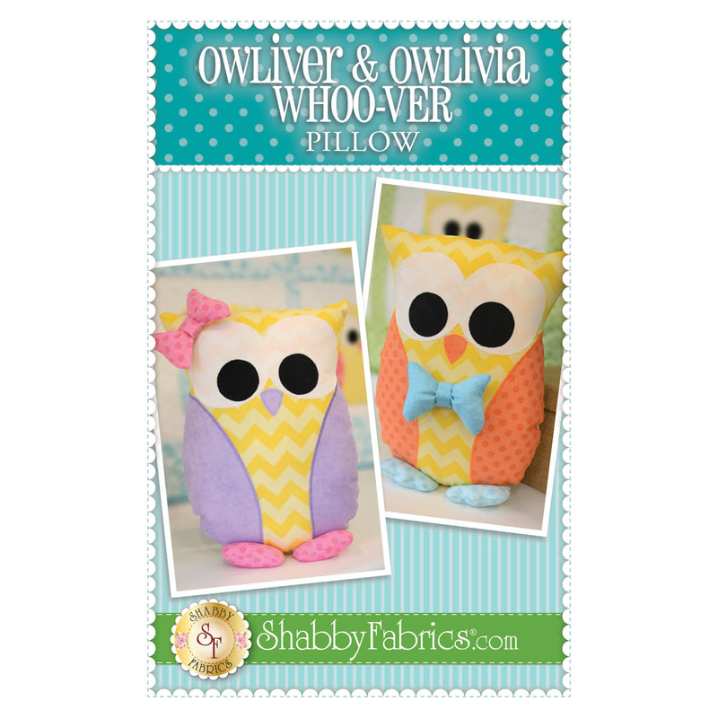 The front of the Owliver & Owlivia Whoo-ver Pillow Pattern by Shabby Fabrics showing the required materials.