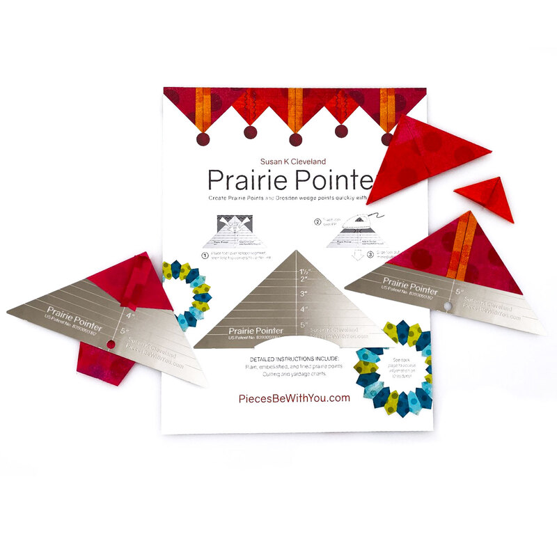 Prairie Pointer Pressing tool in its packaging and also two outside packaging with fabric folded over, demonstrating use