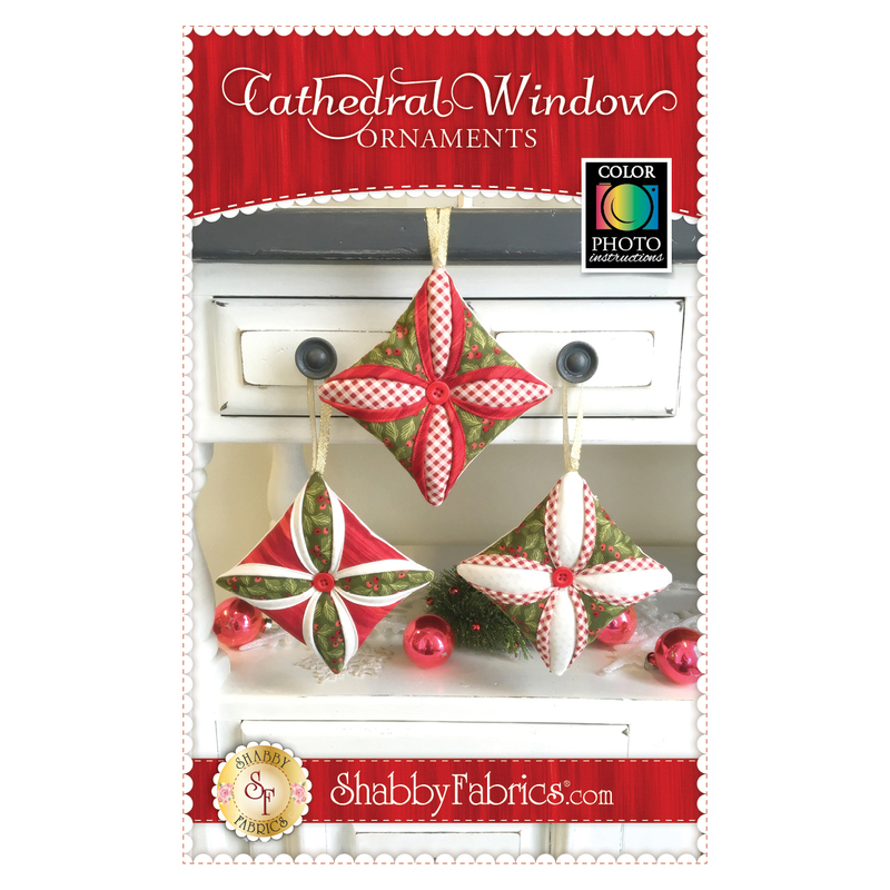 three red green and white fabric ornaments made with Cathedral Window squares