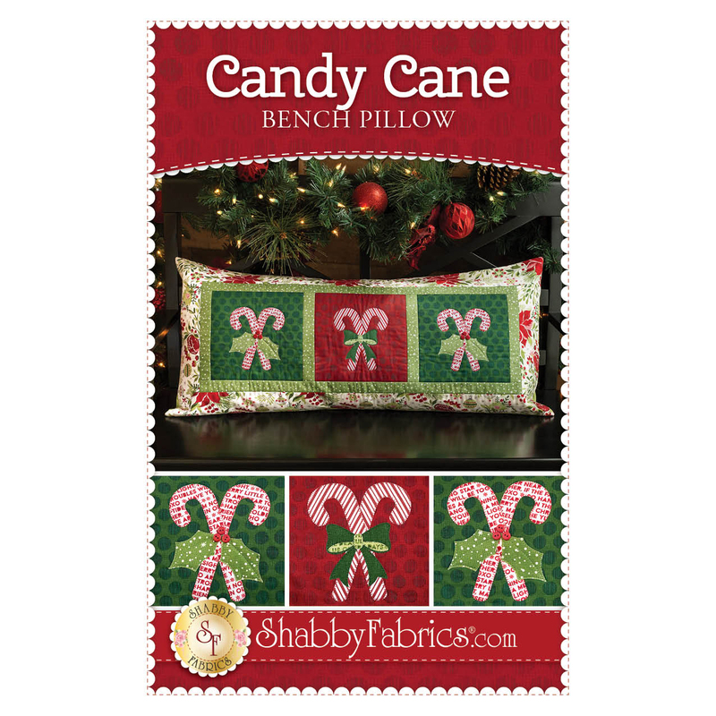 Candy Cane Bench Pillow Pattern front cover showing the finished pillow with three sets of candy canes.