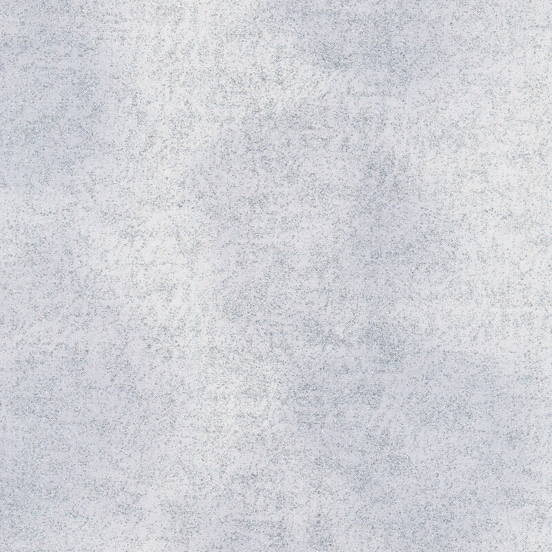 Tonal white gray fabric features mottled design with metallic frost accents | Shabby Fabrics