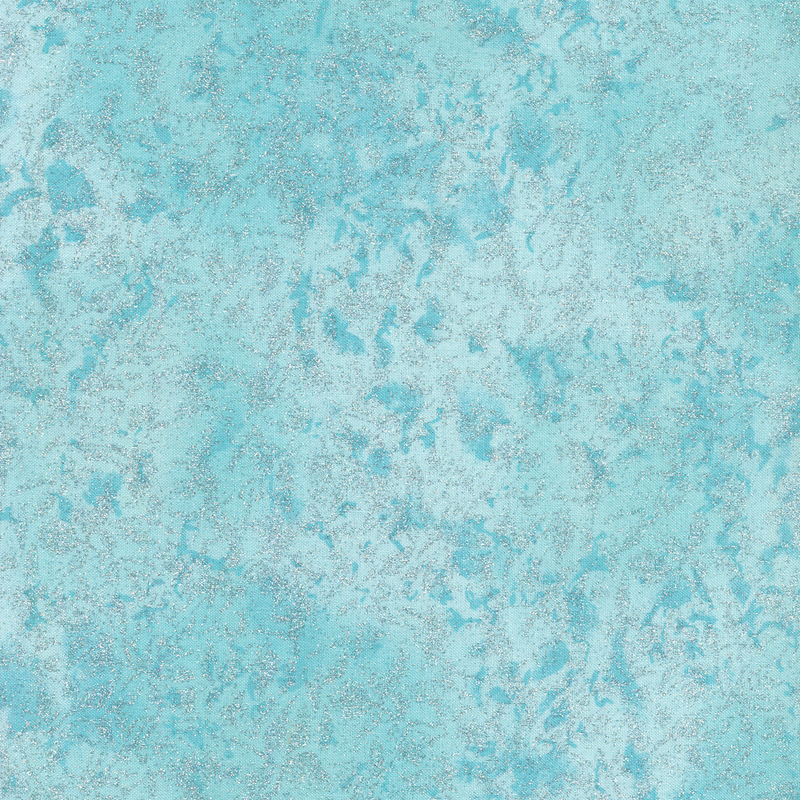 Tonal aqua blue fabric features mottled design with metallic glitter accents | Shabby Fabrics