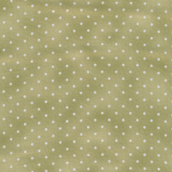 Fabric features tiny cream polka dots on mottled olive green | Shabby Fabrics