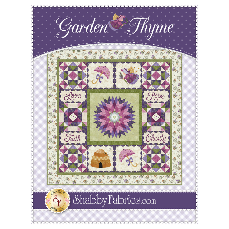 The front of the Garden Thyme Quilt Pattern by Shabby Fabrics showing the finished quilt