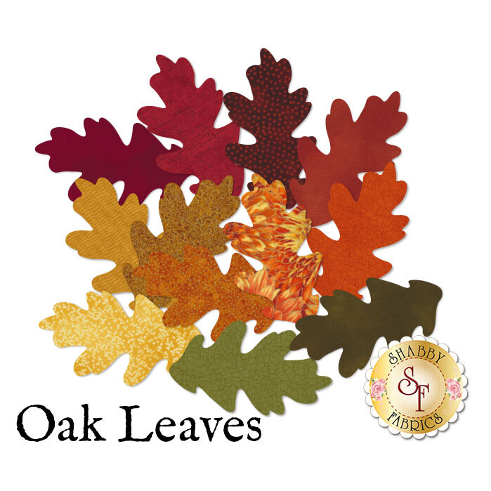 12 oak leaves in red, orange, yellow, and green in a variety of autumn prints.