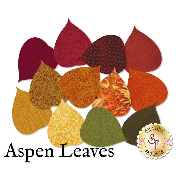 12 assorted applique aspen leaves in fun fall colors: red, orange, yellow, and olive green.