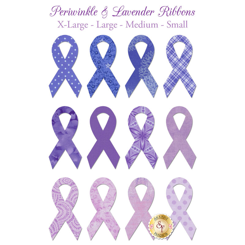 12 awareness ribbon applique shapes ranging in color from pale blue to purple and pale pink.