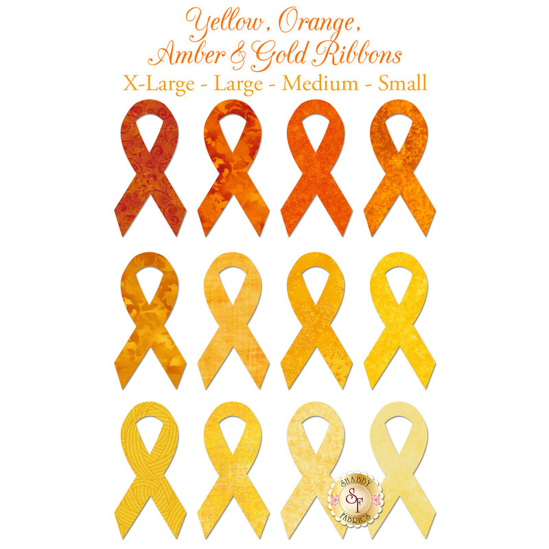 12 awareness ribbon applique shapes in multiple shades of yellow and orange.