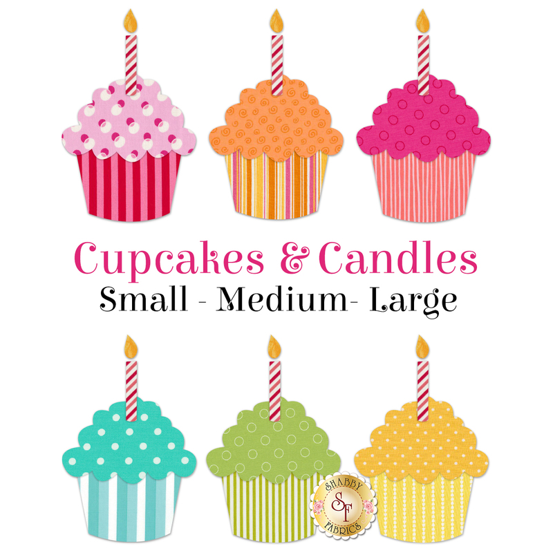 6 cupcake applique shapes in bright colors: orange, blue, green, yellow, and 2 pink.