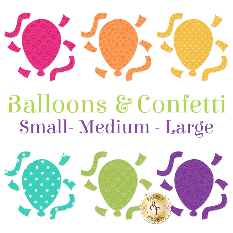 6 balloon applique shapes in bright colors: pink, orange, yellow, blue, green, purple.