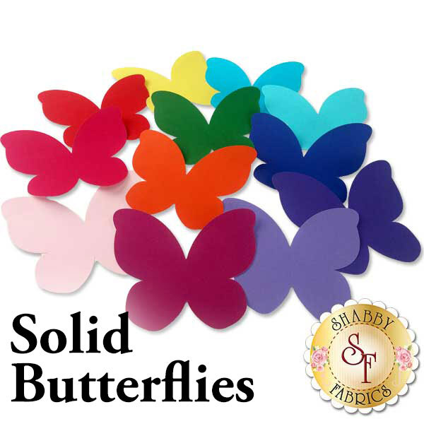 12 butterfly applique shapes in a rainbow of brightly colored solid fabrics.