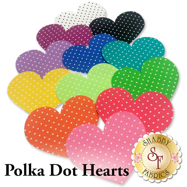 12 heart applique shapes in a rainbow of bright colors with white polka dots.