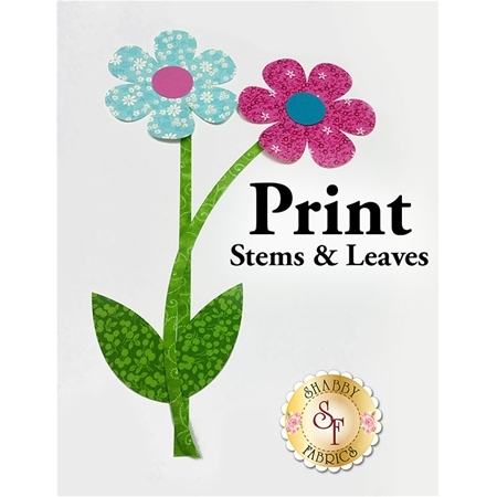 A pair of daisies, one blue and one pink, with two green print stems and two matching leaves.