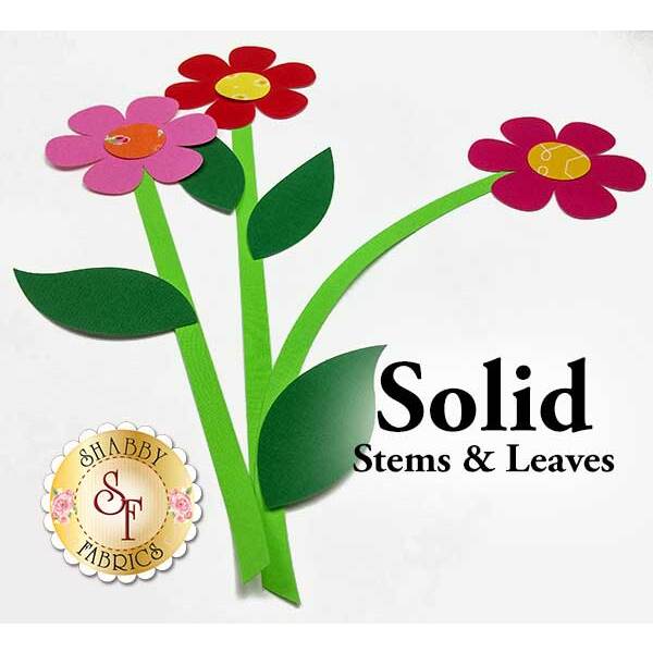 Three daisy applique shapes, two red and one pink, with three green stems and four matching leaves.