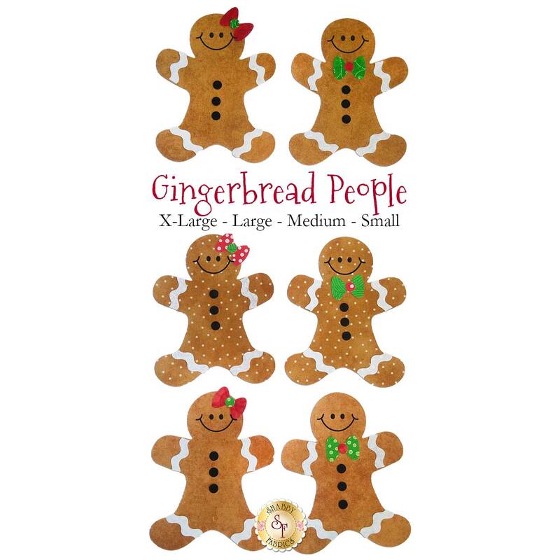 6 gingerbread people applique shapes: 3 with red bows on their heads, 3 wearing green bow ties.