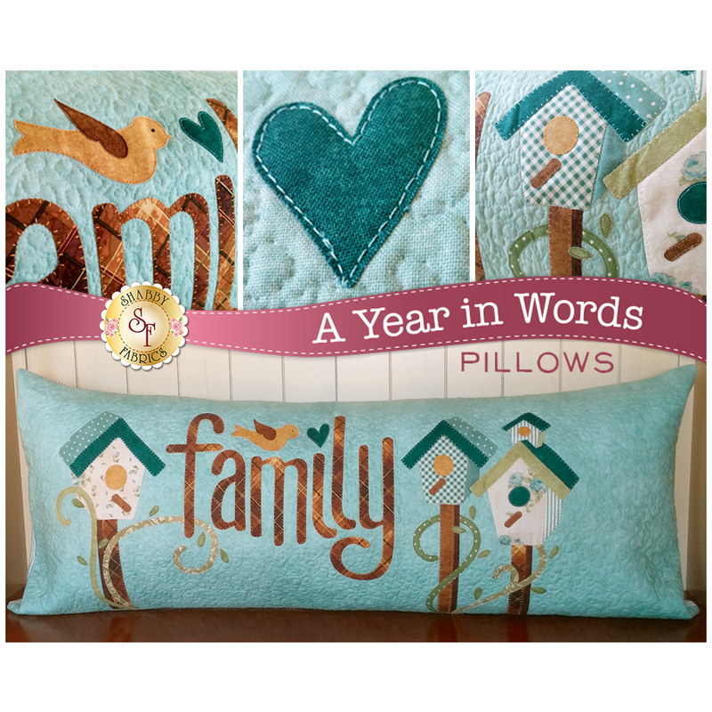 Kit for March A Year In Words pillow reading Family with two white birdhouses on aqua fabric.