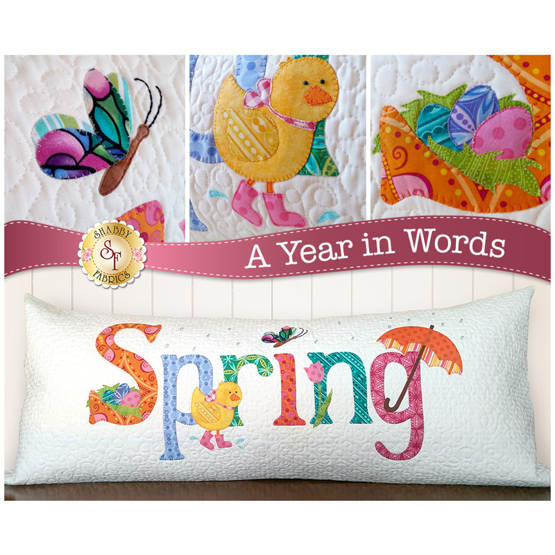 Kit for April A Year In Words pillow reading Spring with yellow chick on white fabric.