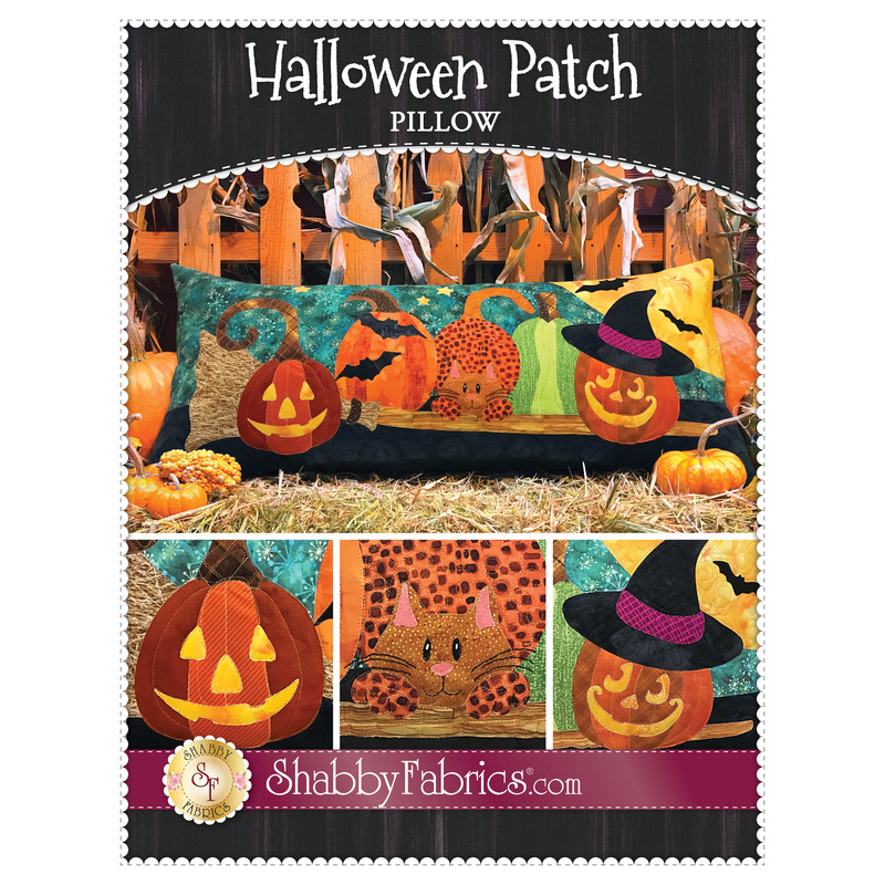 The front of the Halloween Patch Pillow Pattern by Shabby Fabrics showing the finished pillow and three close-ups of the applique.