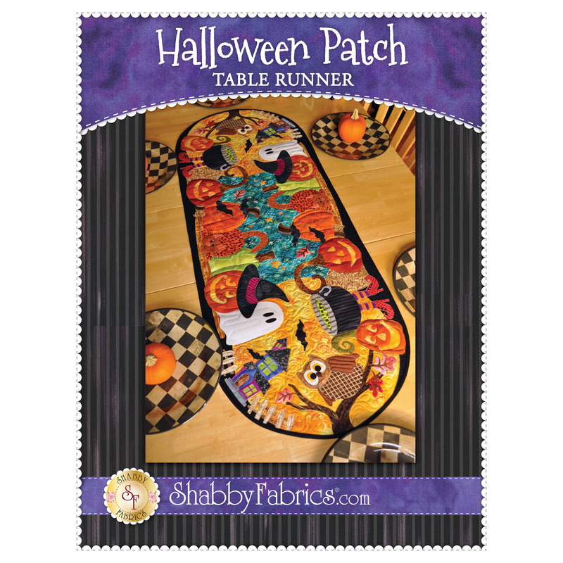 The front of the Halloween Patch Table Runner pattern by Shabby Fabrics showing the finished project.